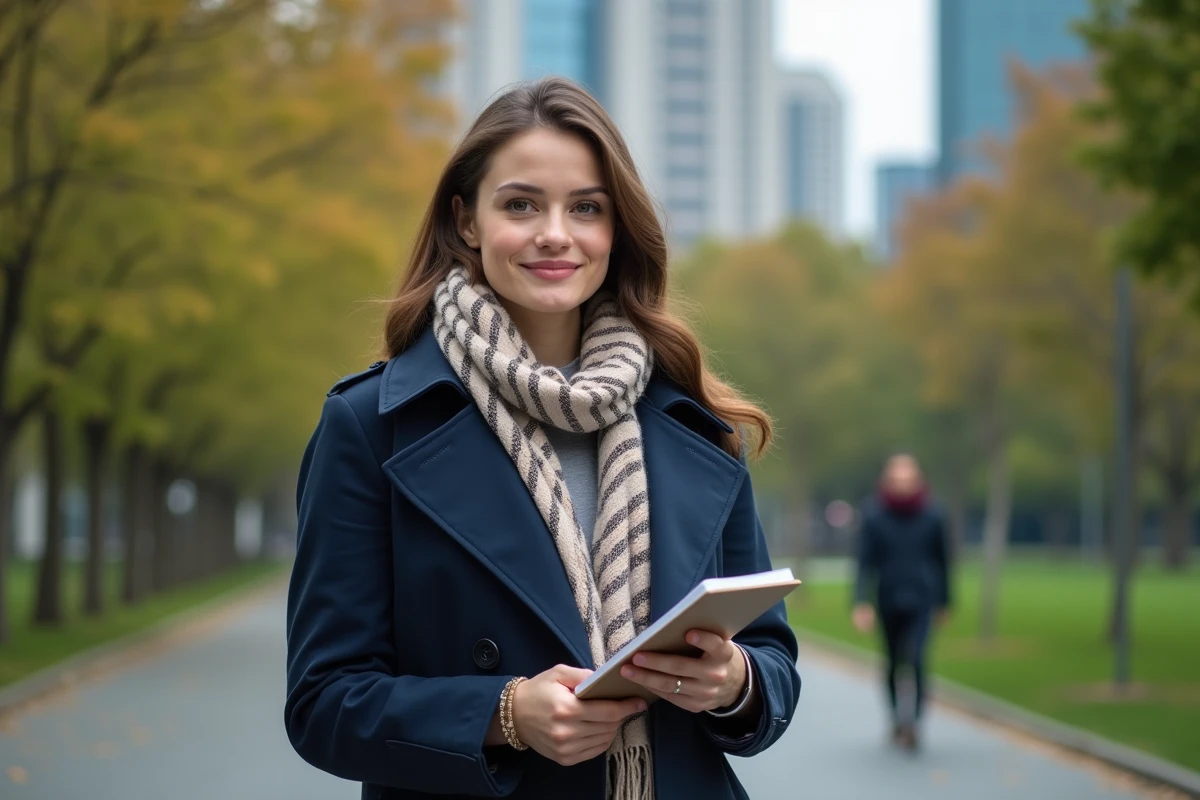 Femme dans un parc urbain souriant avec un carnet