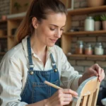 Femme en tablier de jean appliquant de la peinture craie sur une chaise en bois vintage dans un atelier DIY fait maison