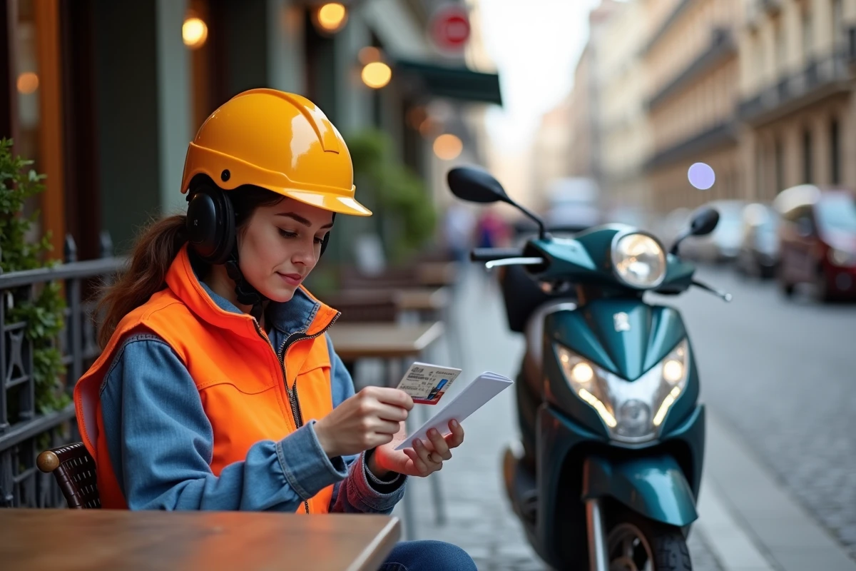 Femme consultant son permis de conduire pour rouler en 125cc à Madrid en Espagne
