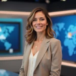 Femme en studio météo souriante et professionnelle