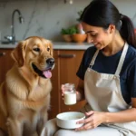 Femme préparant un repas naturel avec du yaourt probiotique pour son chien golden retriever dans une cuisine rustique