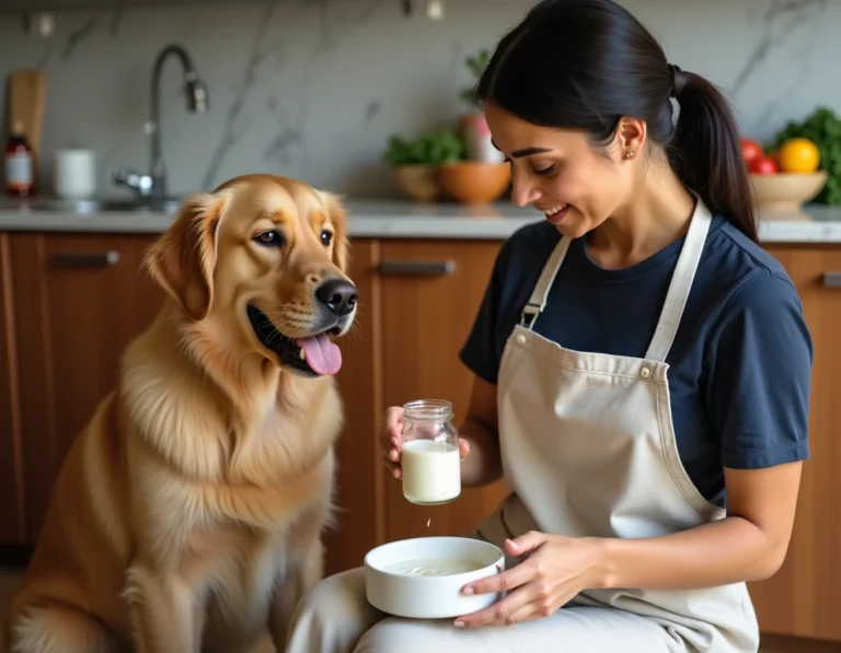 Femme préparant un repas naturel avec du yaourt probiotique pour son chien golden retriever dans une cuisine rustique
