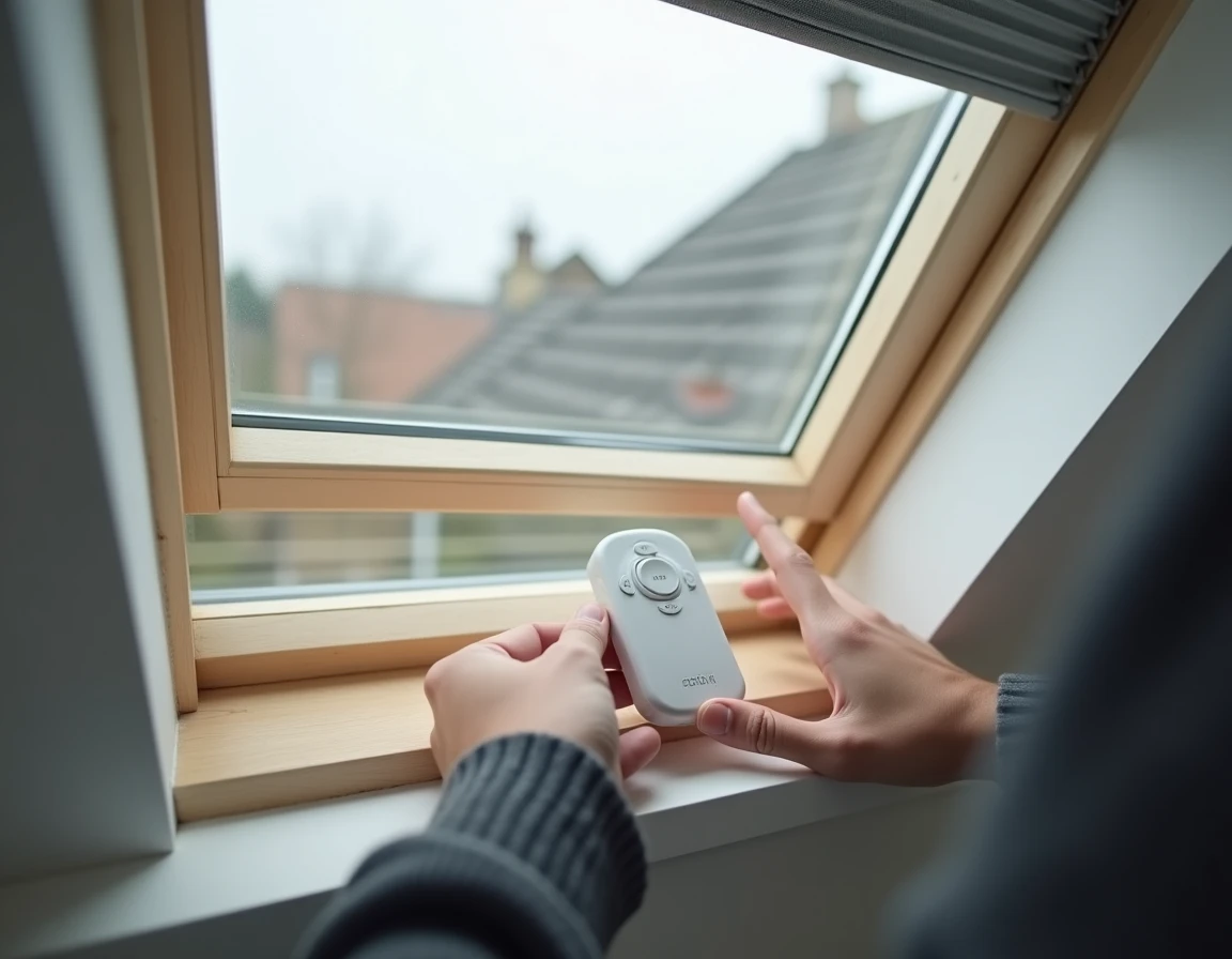 Gros plan sur une télécommande Velux posée sur un appui de fenêtre de toit lors de la procédure de réinitialisation d'un volet roulant