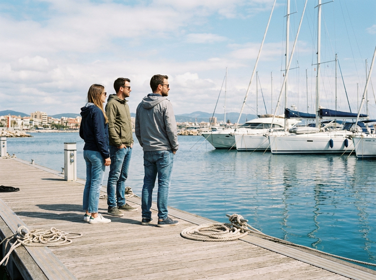 Trois amis regardant les voiliers au port