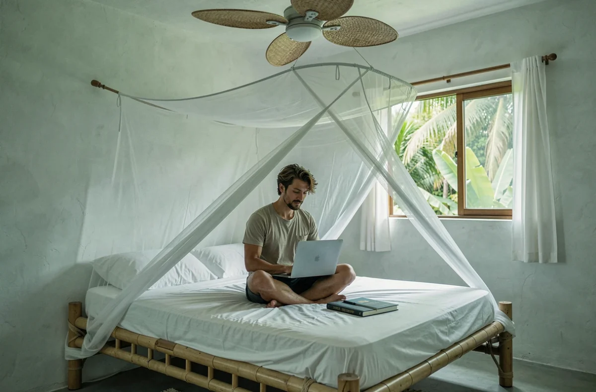 Voyageur travaillant sur son ordinateur portable dans une chambre de guesthouse minimaliste en Asie du Sud-Est lors d'un tour du monde