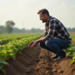 Homme en chemise à carreaux touche la terre dans un champ
