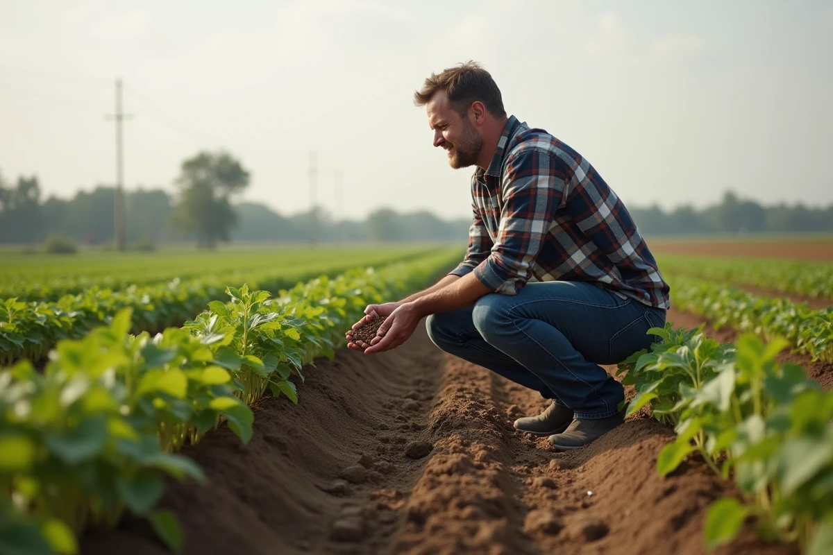 Homme en chemise à carreaux touche la terre dans un champ