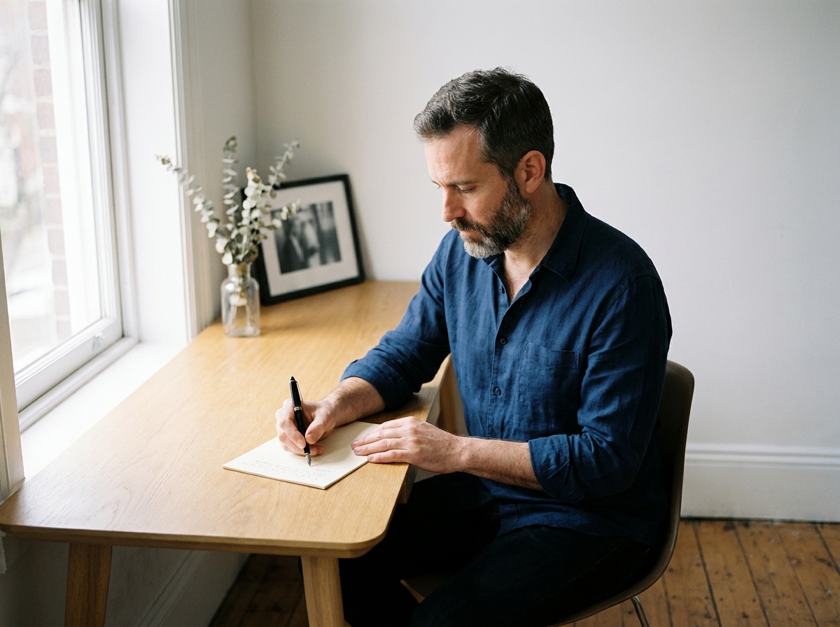 Homme écrivant une lettre à la main sur papier crème, bureau minimaliste, processus d'écriture dans le cadre du deuil