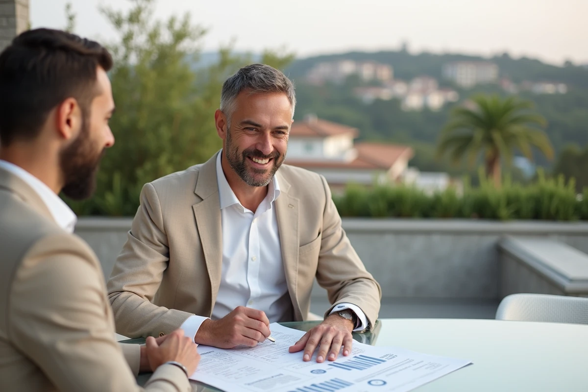 Homme souriant discutant d une estimation immobilière en terrasse