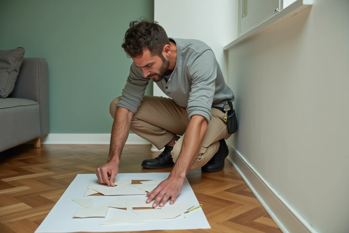 Homme positionnant des gabarits en papier sur un mur peint en vert sauge pour un projet de décoration murale DIY