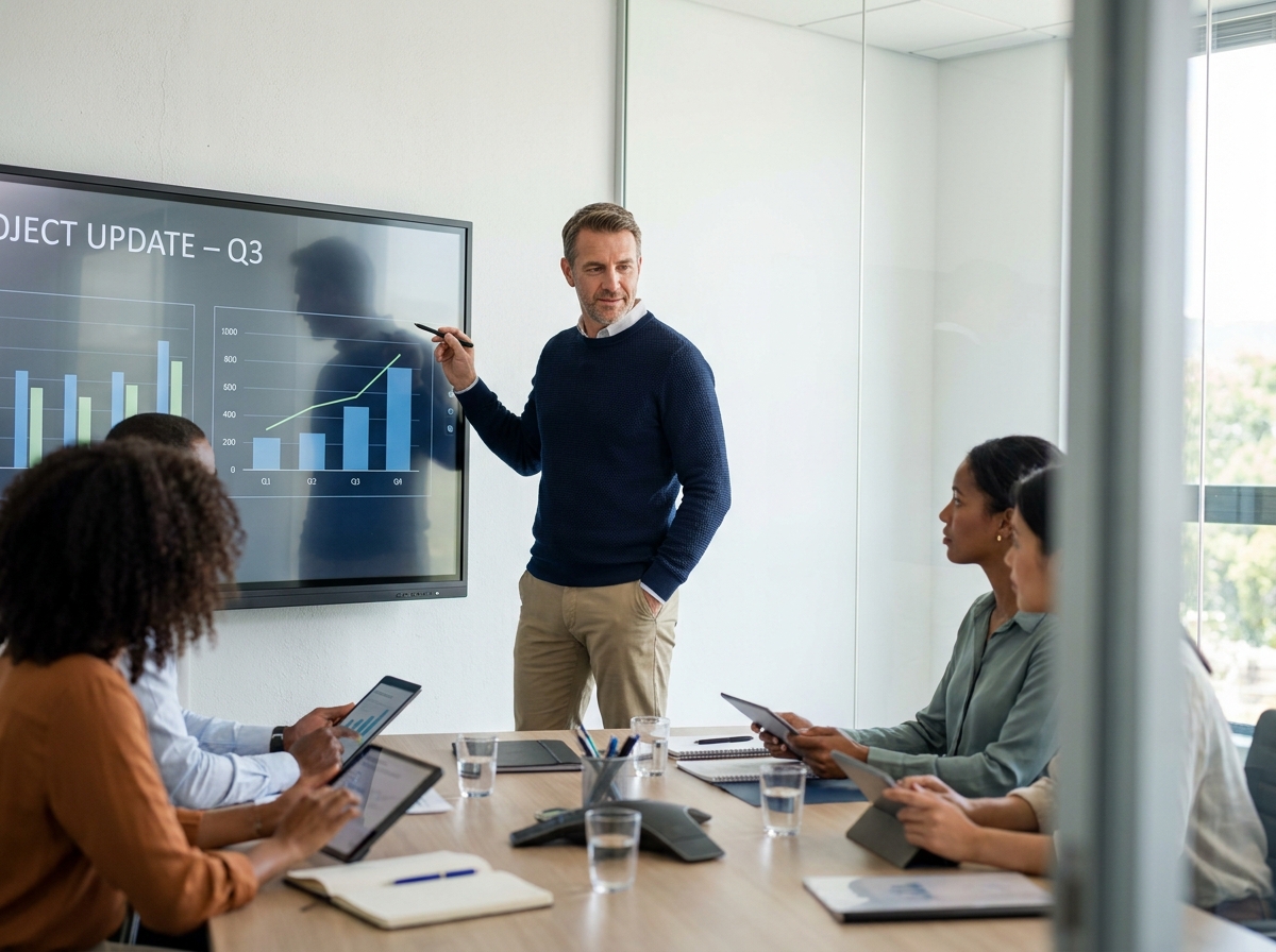 Homme en réunion utilisant un tableau interactif avec équipe