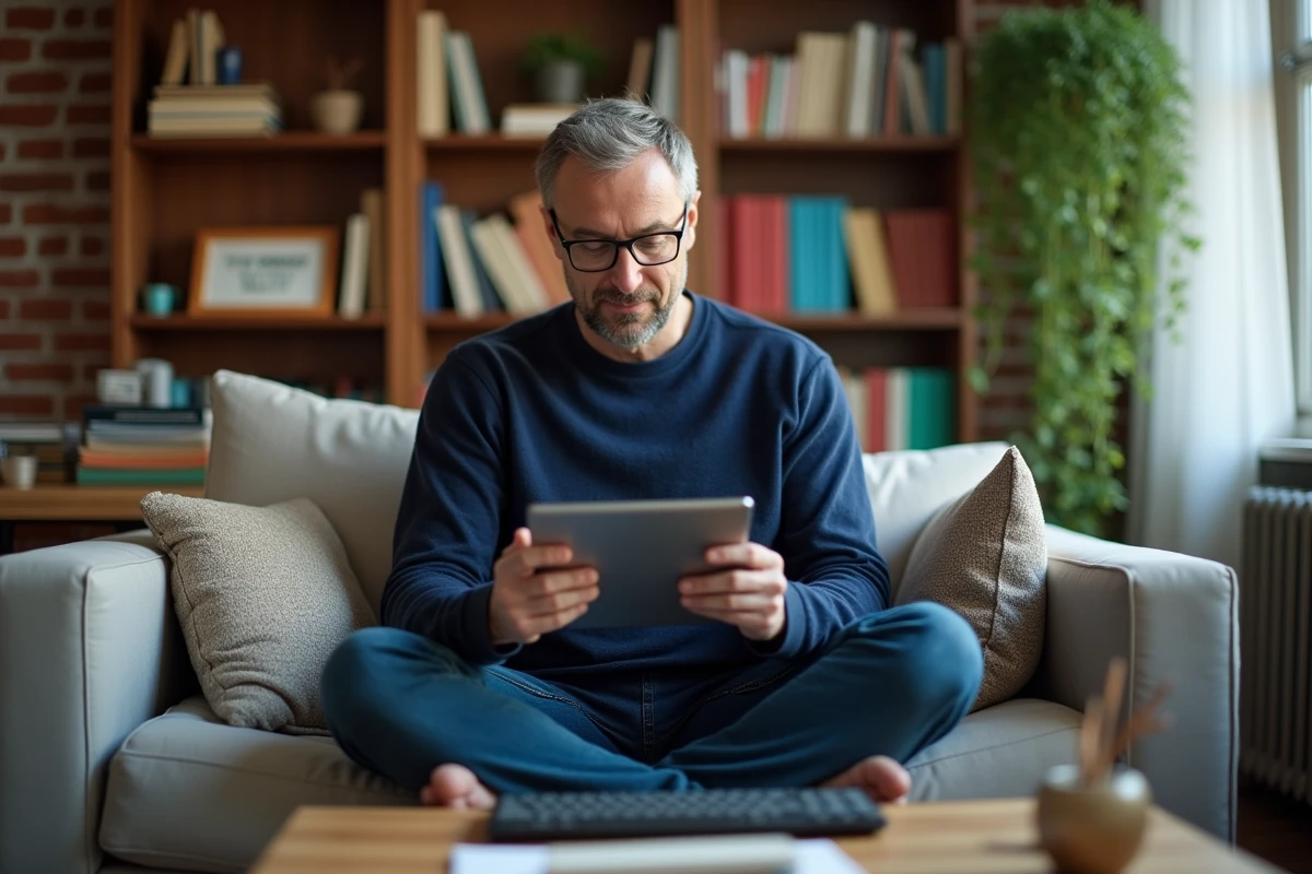 Homme travaillant sur une tablette avec des outils bureautiques en ligne depuis son bureau à domicile
