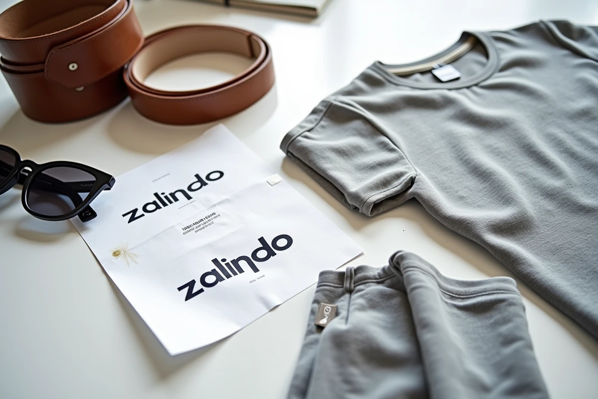 Flat lay de produits de mode Zalando avec loupe et étiquette d'authenticité pour illustrer une enquête sur les contrefaçons