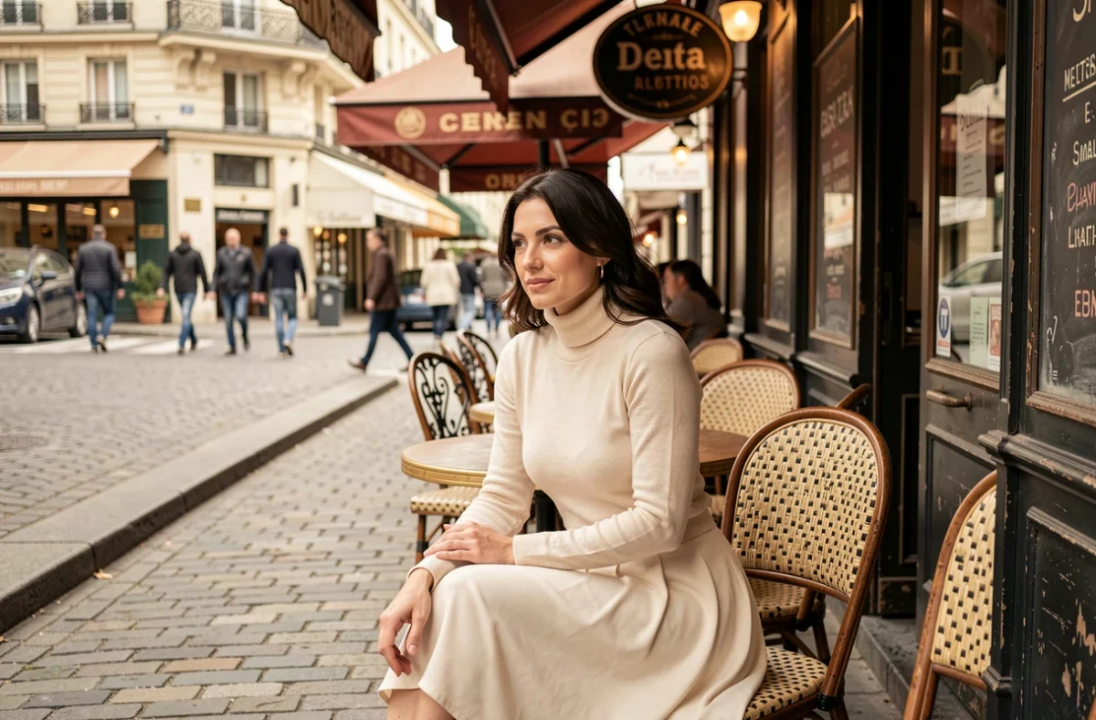 Femme élégante assise en terrasse de café parisien, portrait inspiré de la vie de Jeanne Niobé Beausire épouse de Doc Gynéco