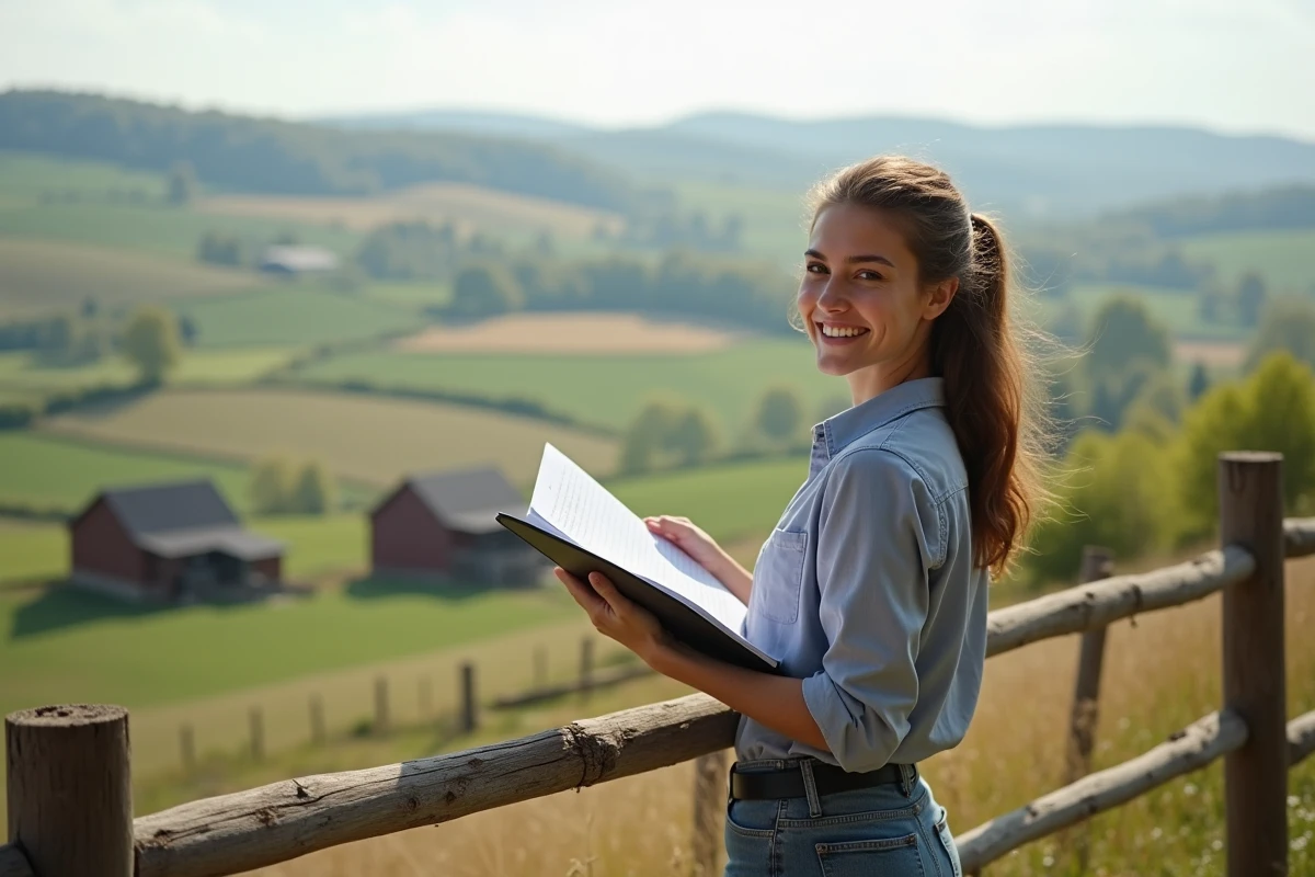 Jeune femme avec un portfolio regarde le paysage rural