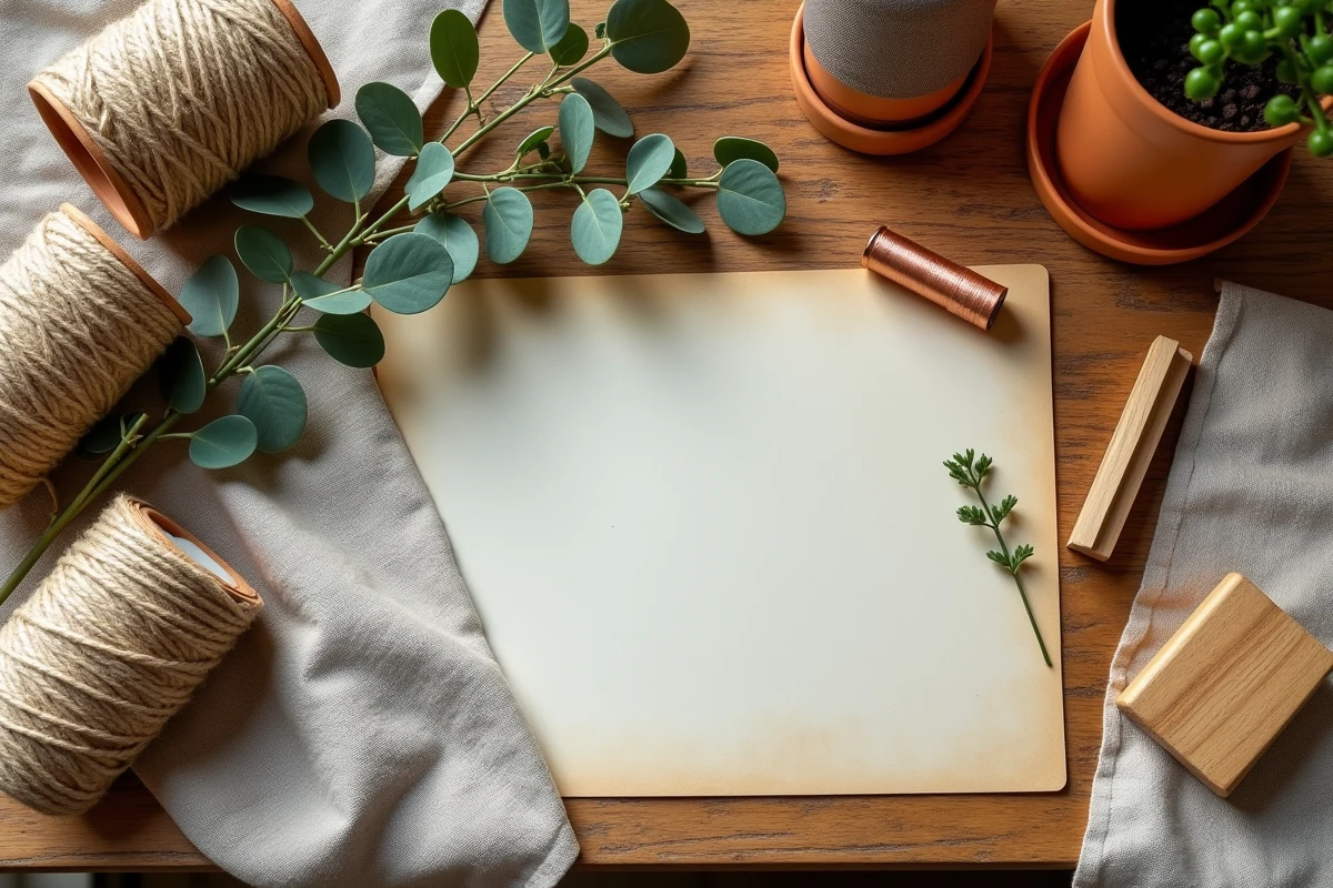 Matériaux et outils de décoration DIY disposés en flat lay sur une table en chêne brut pour un projet maison