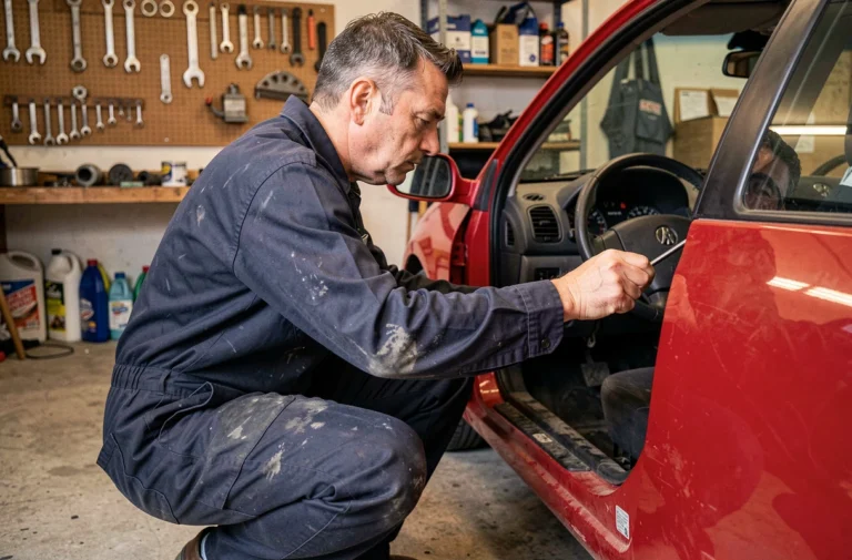 Mécanicien effectuant la remise à zéro du voyant vidange sur une Renault Clio 2 dans un garage