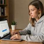 Jeune femme créant un compte sur un réseau social depuis son ordinateur portable à domicile, sans utiliser de numéro de téléphone
