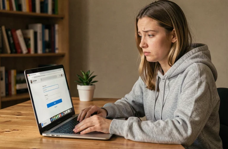 Jeune femme créant un compte sur un réseau social depuis son ordinateur portable à domicile, sans utiliser de numéro de téléphone