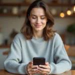 Femme utilisant une application de paiement sécurisé sur smartphone pour un achat sur plateforme de seconde main