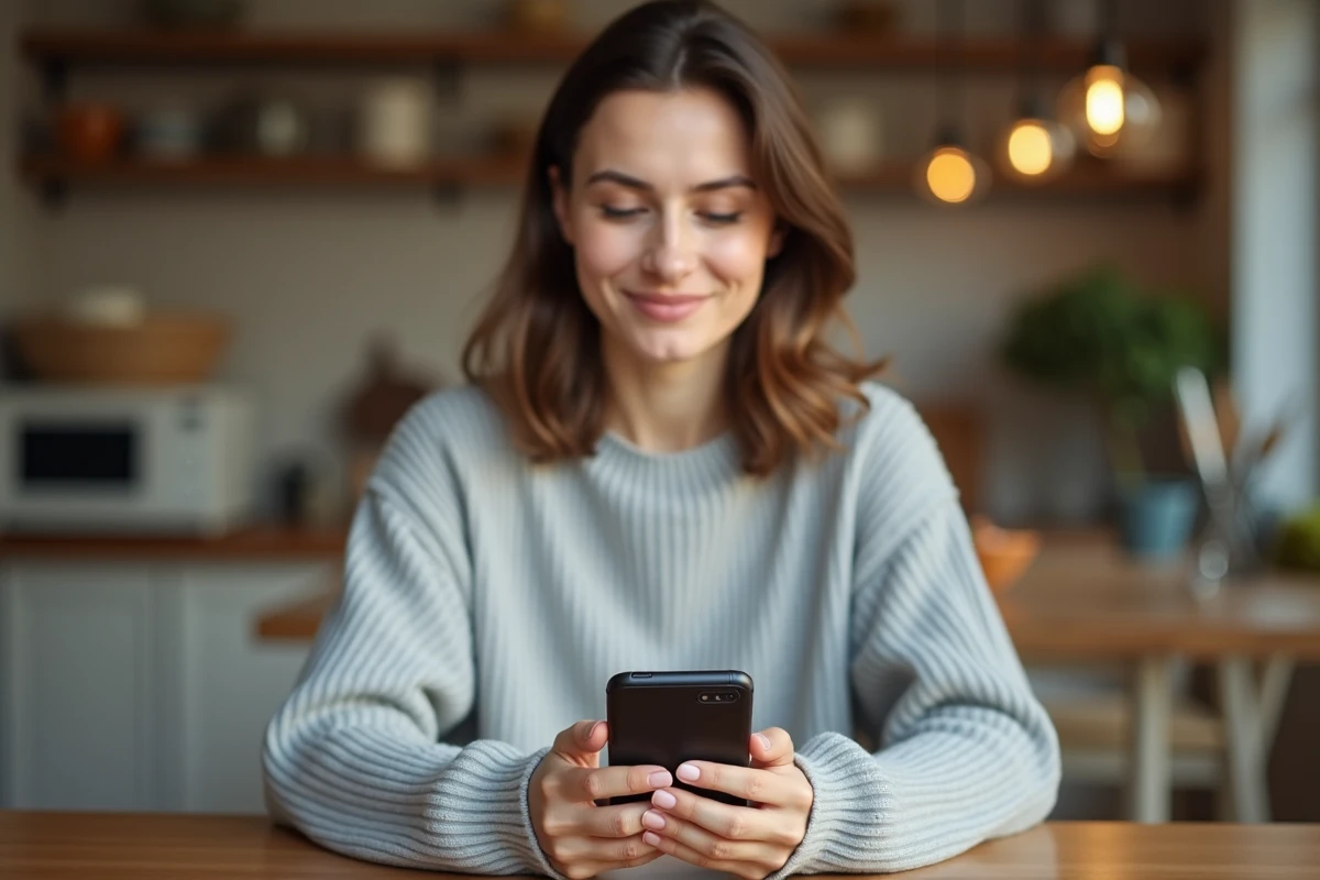 Femme utilisant une application de paiement sécurisé sur smartphone pour un achat sur plateforme de seconde main