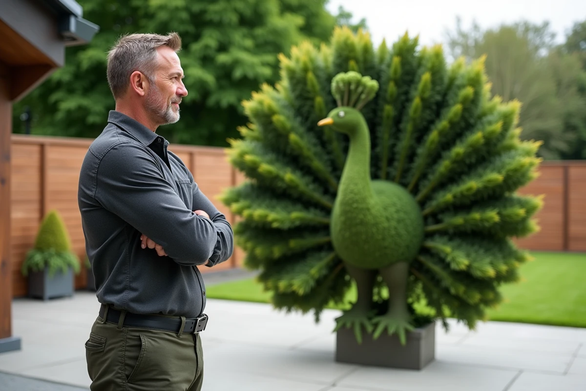 Paysagiste professionnel admirant une haie de troène sculptée en forme de paon dans un jardin contemporain