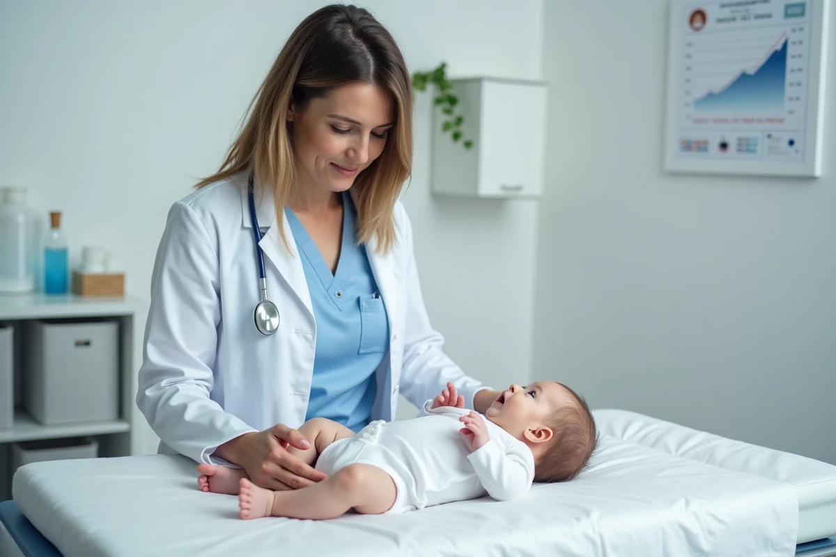 Pédiatre examinant un nourrisson lors d'une consultation médicale pour évaluer son alimentation