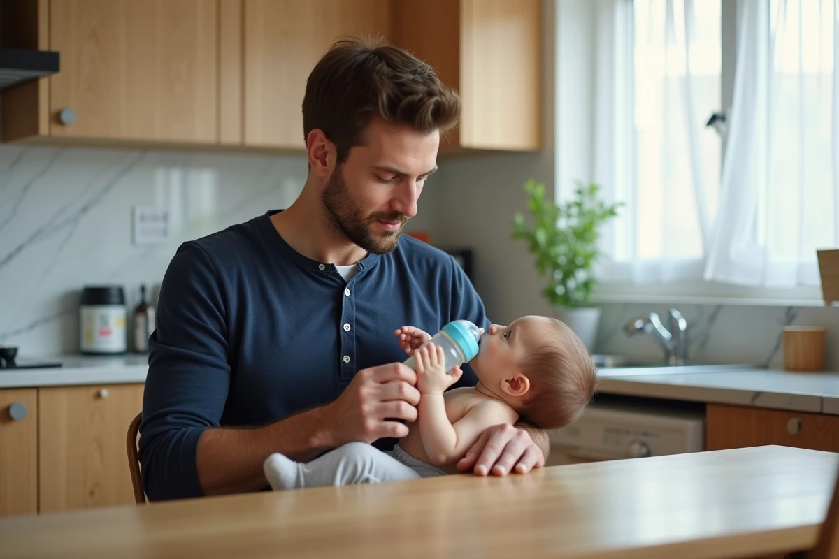 Père donnant le biberon à son bébé dans une cuisine moderne, accompagnement alimentaire du nourrisson