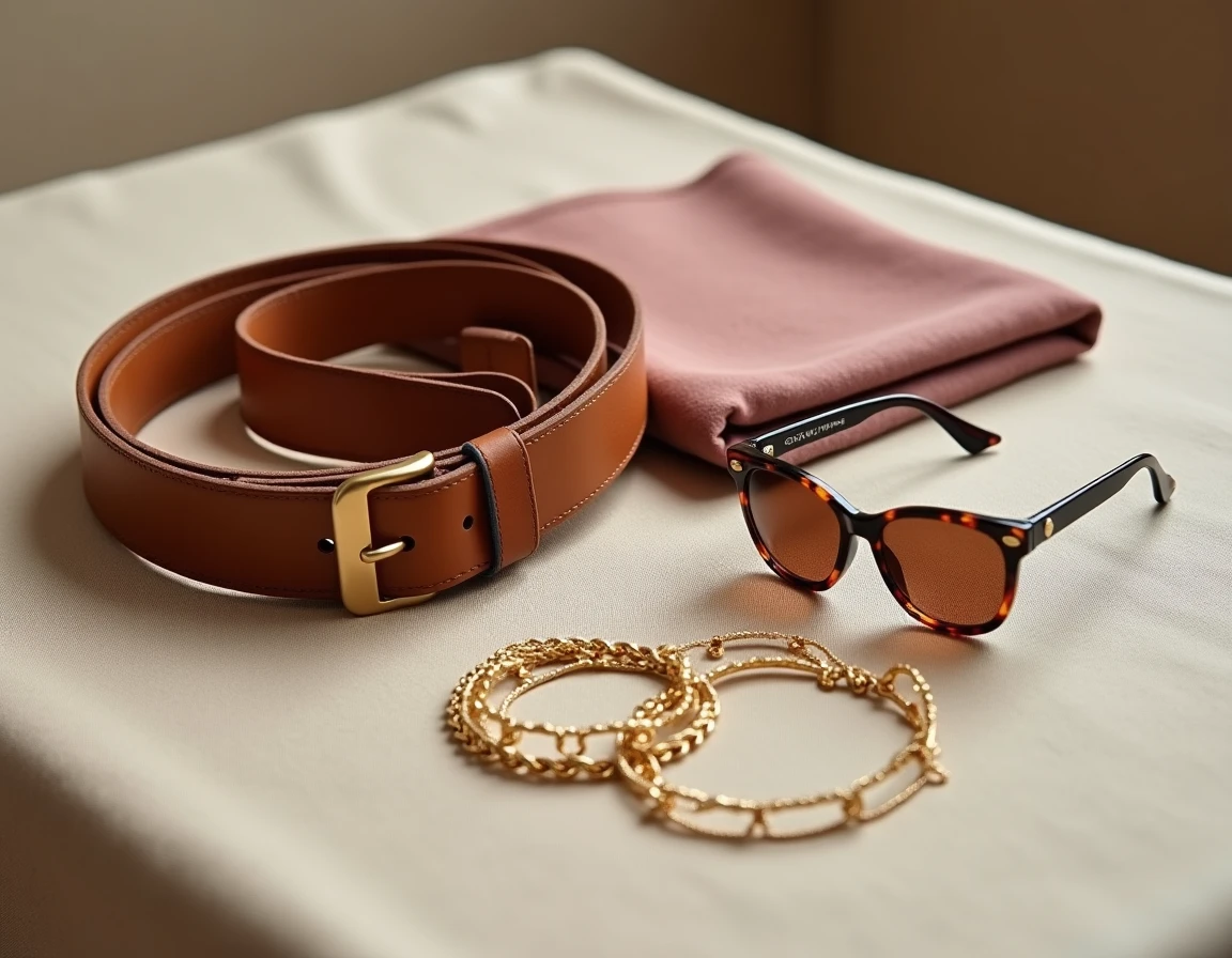 Plat de présentation d'accessoires de mode tendance sur lin texturé, ceinture cuir, lunettes écaille et bijoux dorés