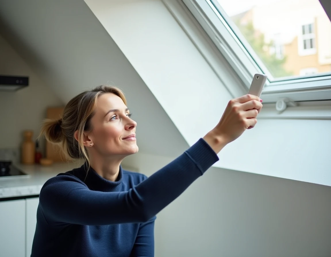 Femme tenant une télécommande Velux dirigée vers le moteur d'un volet roulant dans une cuisine moderne avec fenêtre de toit