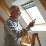 Homme utilisant une télécommande Velux pour réinitialiser un volet roulant dans une pièce mansardée avec fenêtre de toit