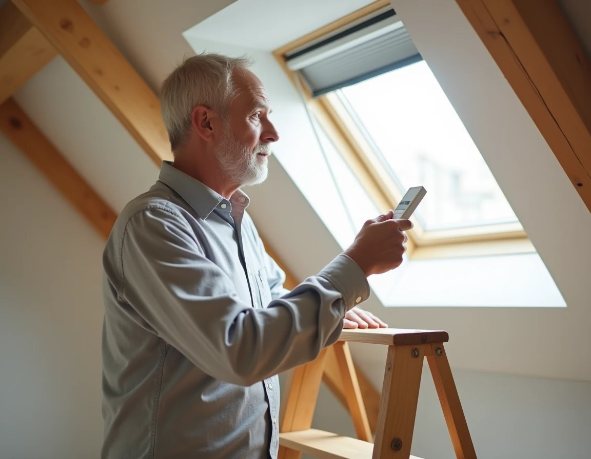Homme utilisant une télécommande Velux pour réinitialiser un volet roulant dans une pièce mansardée avec fenêtre de toit