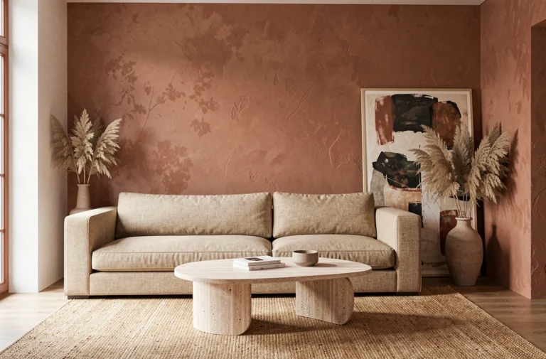 Salon scandinave tendance décoré avec un canapé en lin, une table en travertin et des ornements en herbe de la pampa