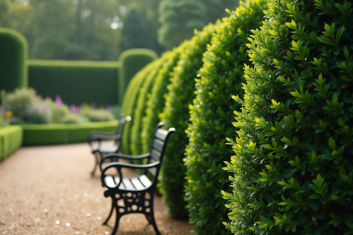 Détail de sculpture végétale sur une haie d'if taillée en arches géométriques dans un jardin anglais