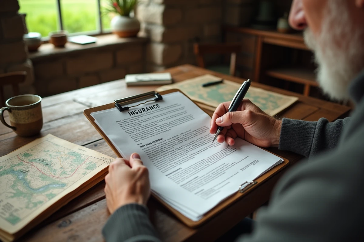 Mains d'un agriculteur signant un contrat d'assurance multirisque agricole à une table de ferme traditionnelle
