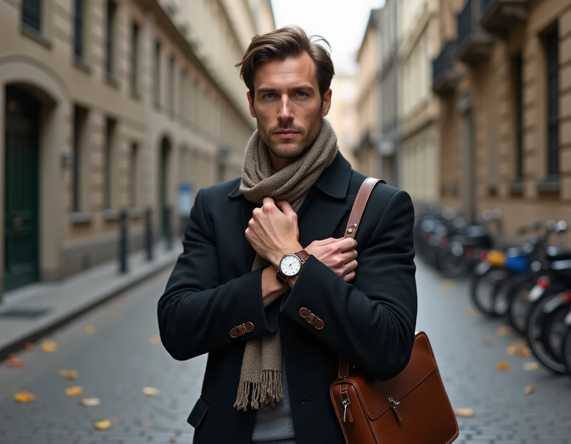 Homme en manteau de laine ajustant ses accessoires de luxe dans une ruelle pavée européenne en automne