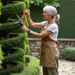 Jardinière expérimentée taillant une haie de buis en spirale topiaire dans un jardin à la française