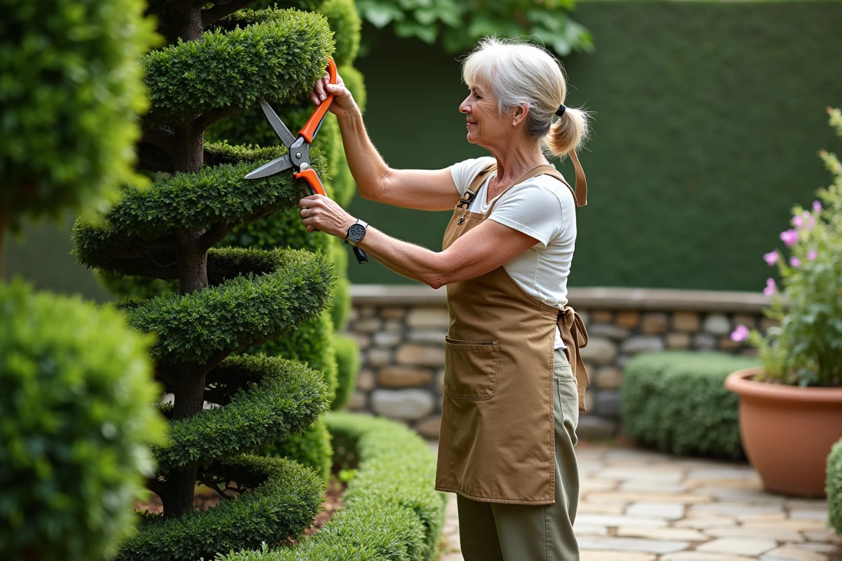 Jardinière expérimentée taillant une haie de buis en spirale topiaire dans un jardin à la française