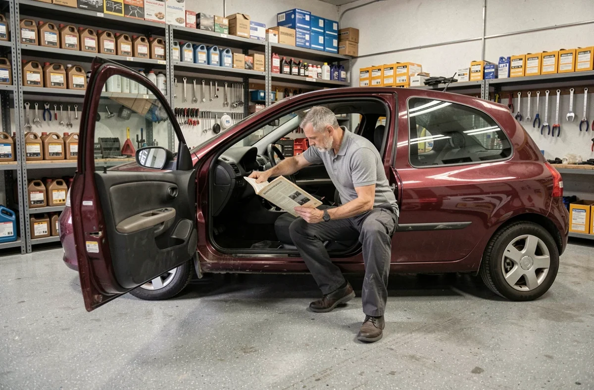 Technicien consultant le manuel d'utilisation pour réinitialiser le voyant de vidange d'une Renault Clio 2 en atelier