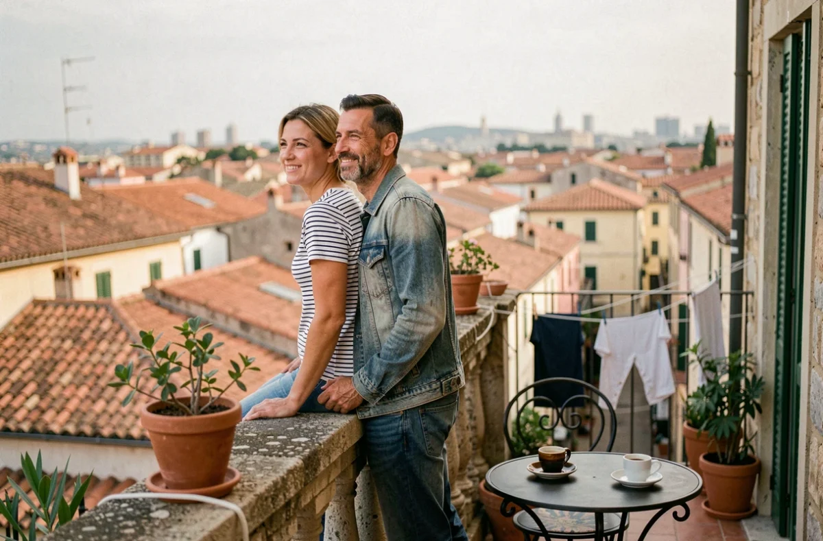 Couple de voyageurs profitant d'une terrasse avec vue panoramique depuis un appartement Airbnb en ville méditerranéenne pendant un tour du monde