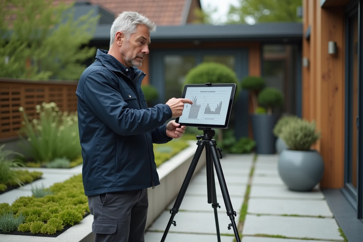 Urbaniste consultant un schéma de calcul du pourcentage d'espace vert sur dalle devant une terrasse végétalisée