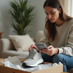 Femme examinant une paire de sneakers de marque reçue d'une commande Zalando pour en vérifier l'authenticité