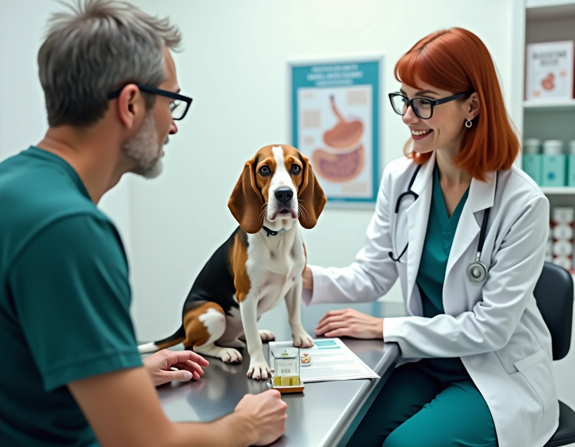 Vétérinaire conseillant un propriétaire sur la santé digestive et la flore intestinale de son beagle en clinique